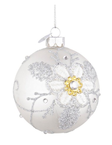 SFERE E PENDAGLI: vendita online Sfera di Natale Floret in Vetro 8cm Bianco, Porta la Magia di Natale nelle Tue Decorazioni i...