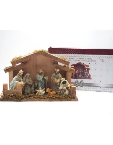 ACCESSORI PRESEPE: vendita online NATIVITA' 8 SOGGETTI IN CAPANNA LEGNO MUSCHIATA 29X13CM in offerta