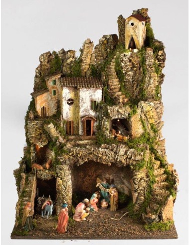 CAPANNE PRESEPE: vendita online PRESEPE CM. 52x45x70 CON NATIVITÀ 9 PZ CM.10 E LUCI in offerta