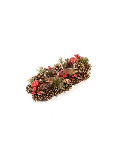 CANDELIERI: vendita online PORTACANDELA POMEGRANADE 2P 32X13X8CM PIGNE E BACCHE in offerta