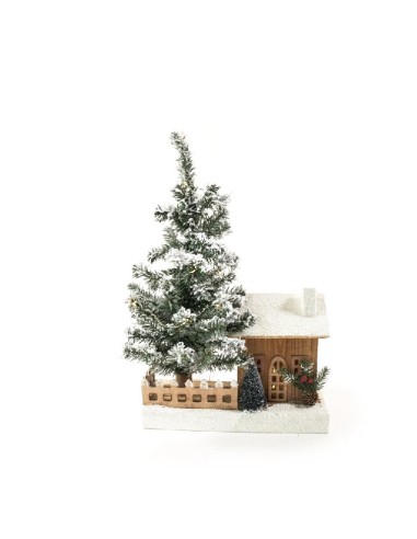 OGGETTISTICA NATALE: vendita online CASETTA LEGNO CON ALBERO INNEVATO E LUCI LED 49X30X12CM in offerta