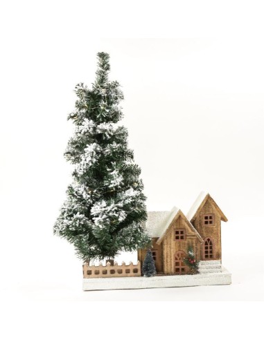 OGGETTISTICA NATALE: vendita online Casetta in Legno con Albero Innevato 80X47X12CM e Luci LED - La Magia di Natale a Casa Tu...