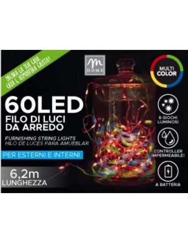 LUCI DI NATALE: vendita online Luci di Natale a Filo da 60 LED Multicolor a batteria per Esterno con 8 giochi luminosi in off...