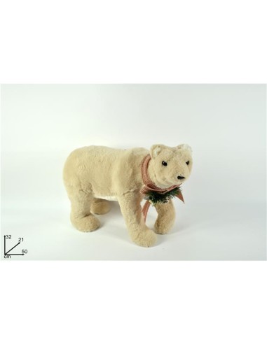 ORSO POLARE 32CM CON PELLICCIA PIGNE E BACCHE ROSA