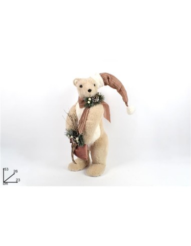 ORSO CON SACCHETTO 53CM PELLICCIA PIGNE E BACCHE ROSA