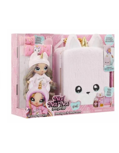 Na Na Na Surprise 3-in-1 Backpack Bedroom Unicorn Playset con Britney Sparkles | Zaino Unicorno e Set Camera