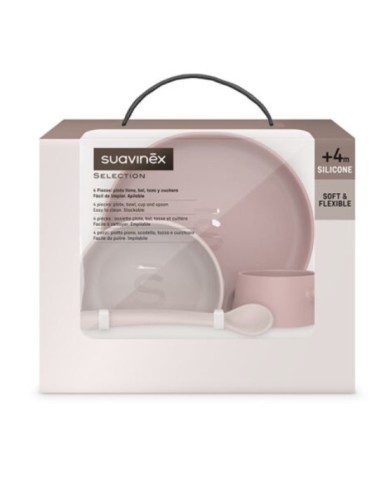 Set Stoviglie in Silicone per Bambini Suavinex - Ciotola, Piatto, Tazza e Cucchiaio Rosa | shopincasa.it