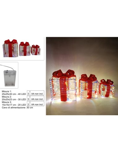 SET 3 PACCHI REGALO 287201 CON LUCI 15X15/20X20/25X25CM