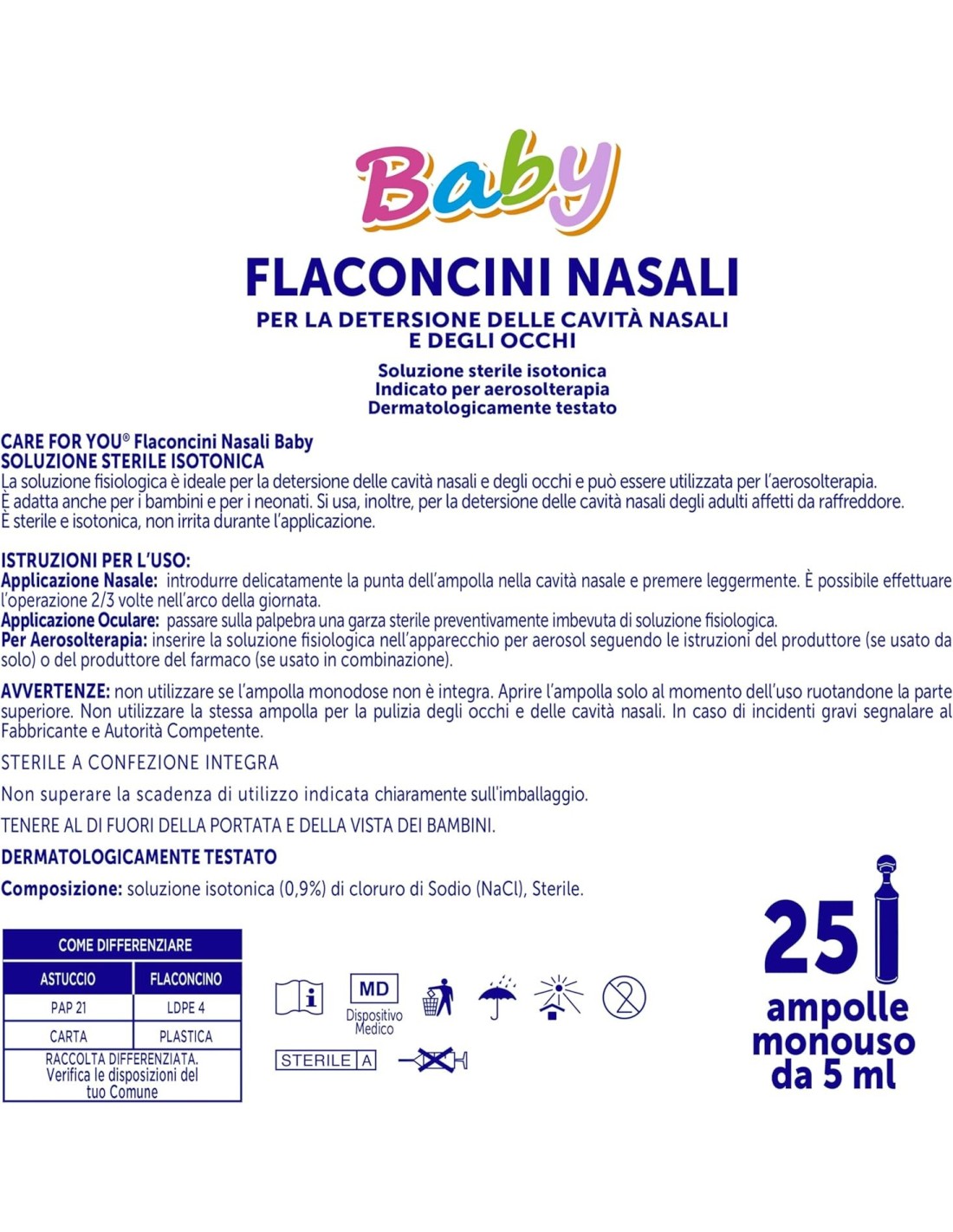 Flaconcini Nasali Baby CARE for you - Lavaggio Nasale per Neonati e Bambini