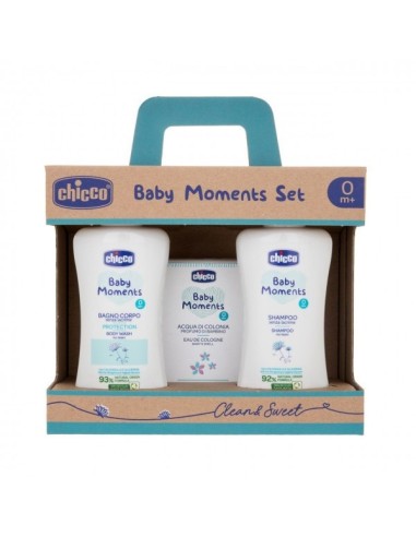 Set Regalo Baby Moments Clean&Care Chicco - Bagno Delicato, Crema Corpo e Acqua di Colonia