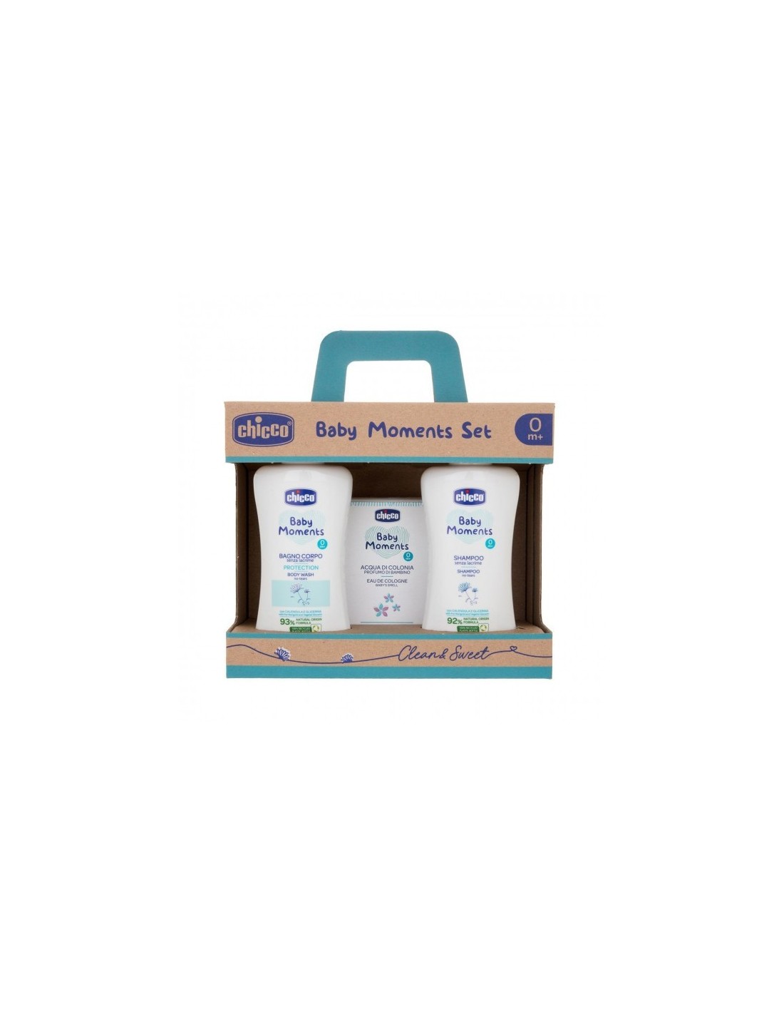 Set Regalo Baby Moments Clean&Care Chicco - Bagno Delicato, Crema Corpo e Acqua di Colonia